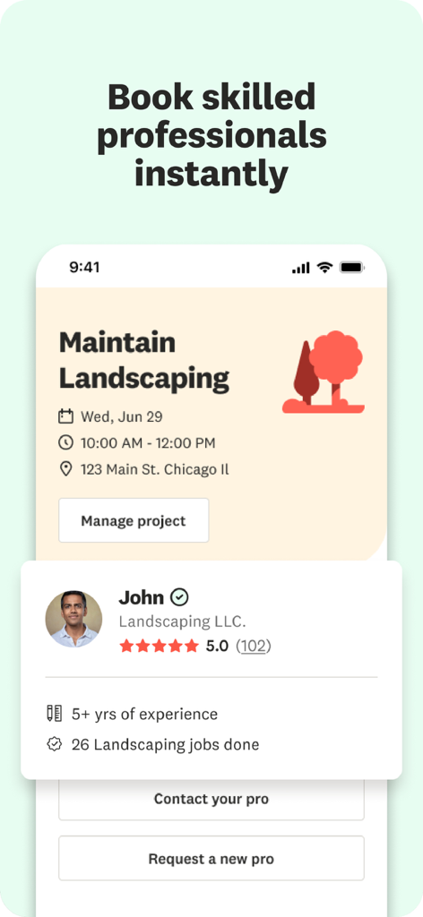 Mobile interface of the Angi app showing a scheduled landscaping service and a professional contractor profile with ratings and reviews.
