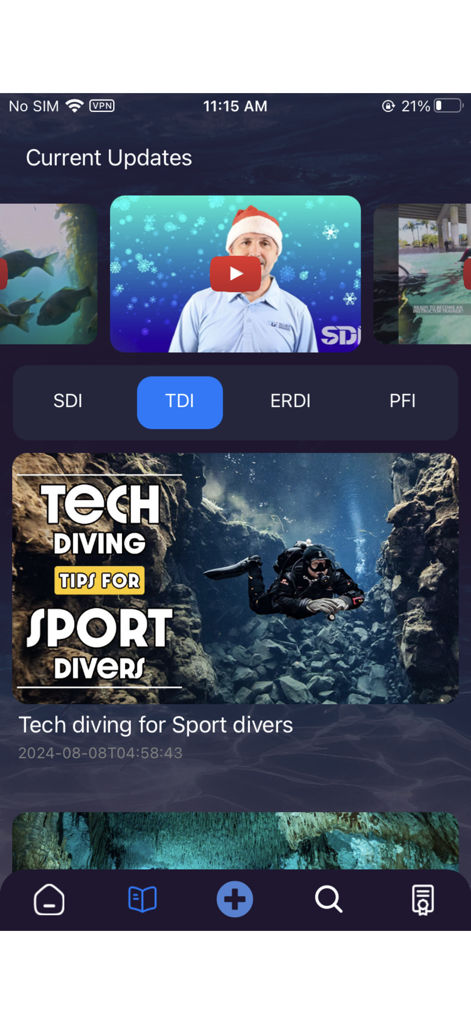 El panel de la aplicación SDI TDI ERDI PFI que muestra las últimas noticias y consejos de buceo técnico