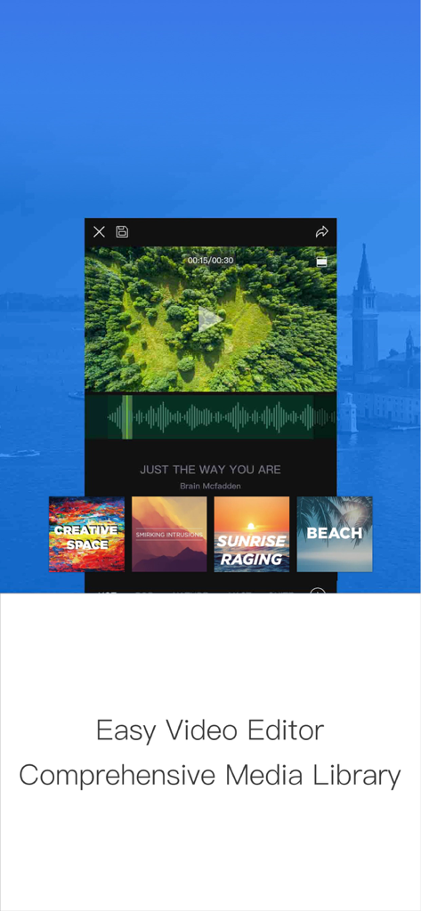 Screenshot dell'interfaccia dell'editor video dell'app DJI GO che mostra una clip aerea di una foresta con forme d'onda audio e selezioni di temi.