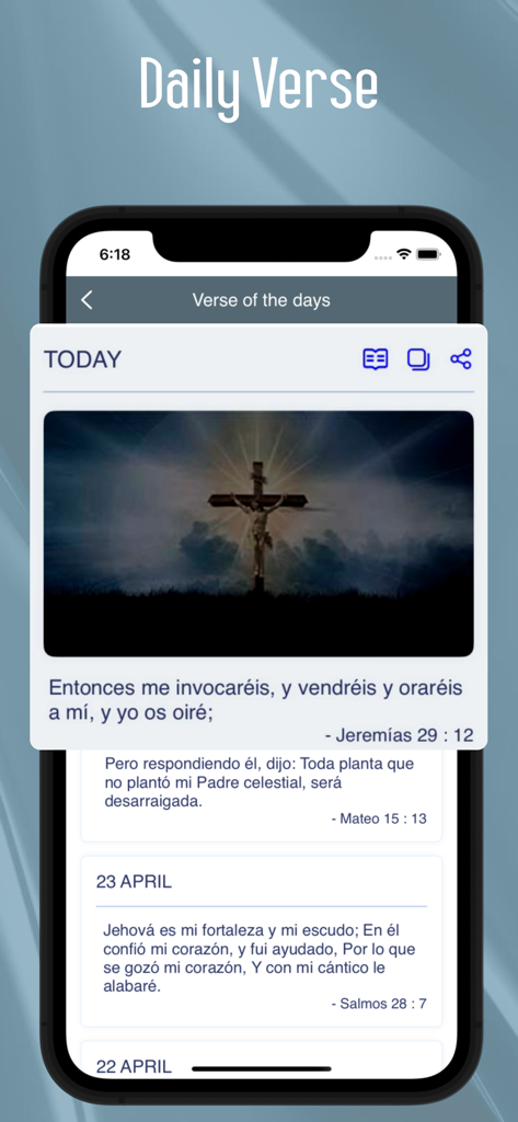 La función Versículo del Día en la aplicación Reina Valera 1960 Bible mostrando una escritura en español e imágenes religiosas en un teléfono móvil.