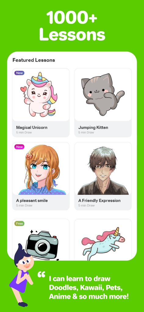 Drawing Desk:Learn to Draw App - Drawing Desk app interface showing featured lessons for anime, kawaii characters, and doodles.