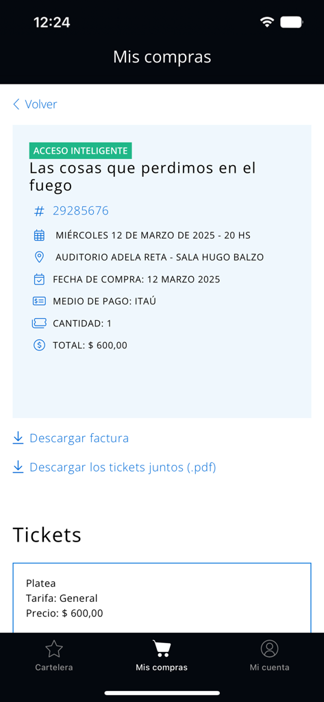 tickantel - Un écran mobile de l'application Tickantel affichant les détails d'achat de billets d'événement, y compris la date, le lieu et le prix