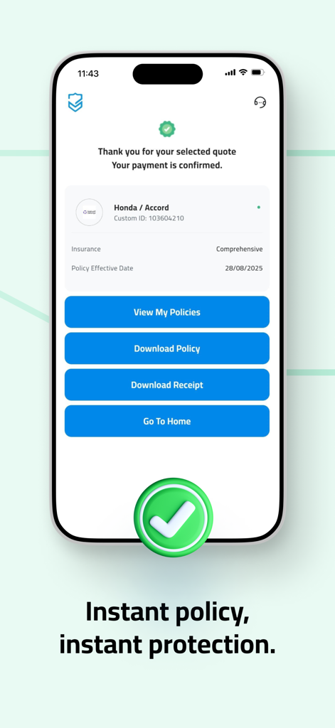 Tameeni | تأميني - タメーニアプリの画面。包括的な車両保険証書の支払い完了画面と、証書の表示・ダウンロードオプションが表示されています。