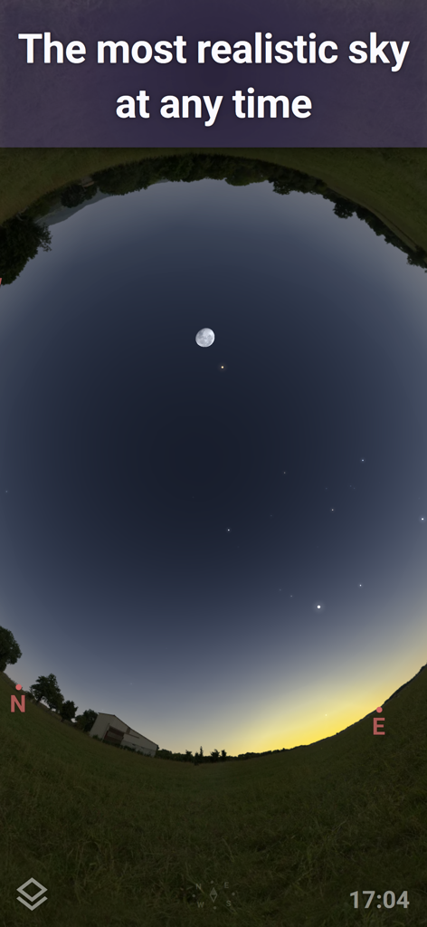 Realistic night sky simulation with the moon and stars in the Stellarium Mobile app