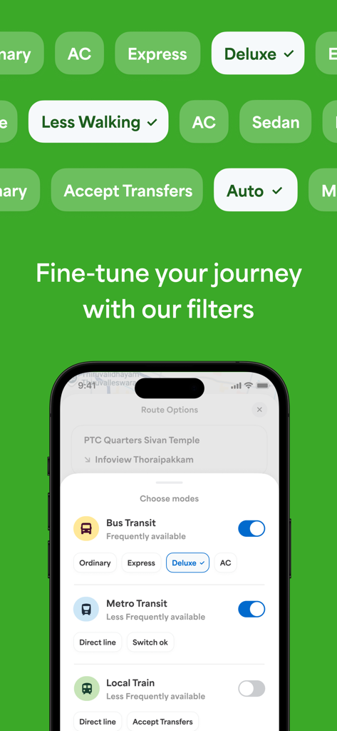 Chennai One - Chennai One app interface displaying journey customization filters for bus, metro, and train transit