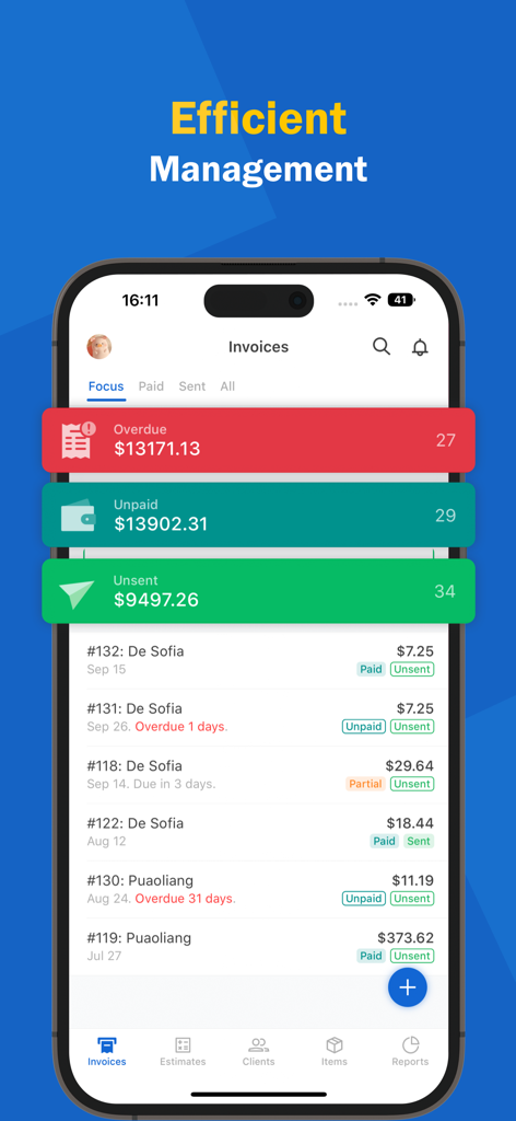 Invoice Maker · - Panel de control de BeeInvoice mostrando seguimiento de facturas impagas, vencidas y no enviadas para una gestión empresarial eficiente
