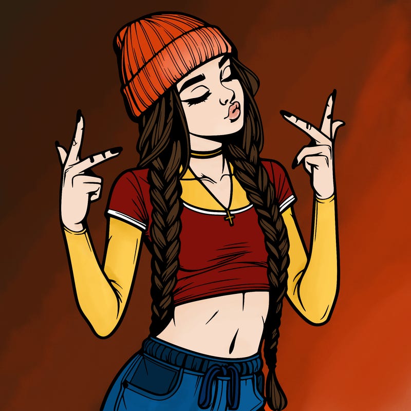 realistic teenage girl with braids and a beanie and crop top doing 🫶🏼