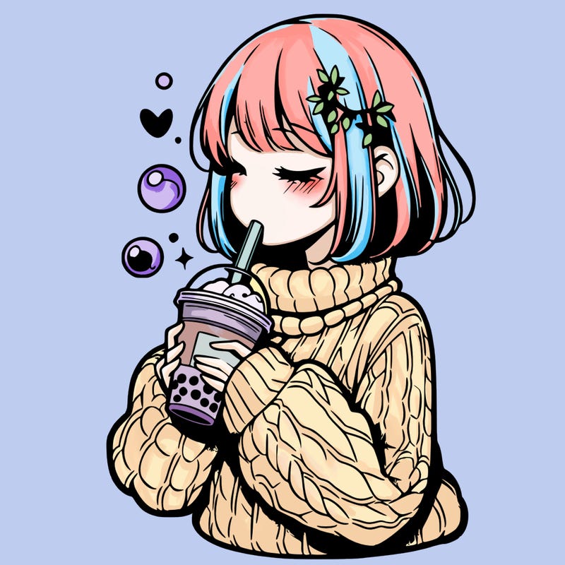 manga girl drinking boba in cozy sweater