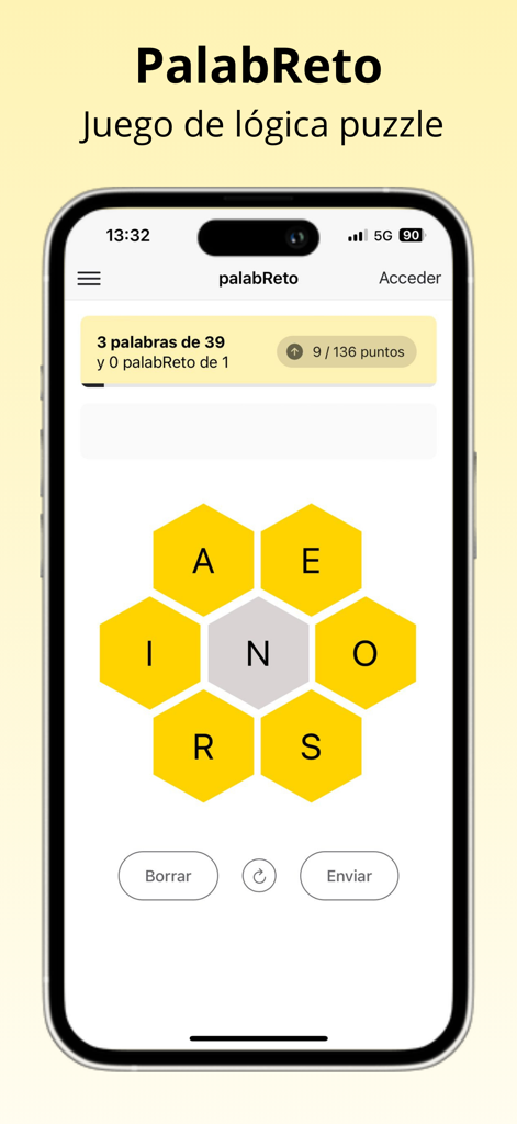 PalabReto - Puzle de palabras - Schermata mobile del gioco di parole PalabReto in spagnolo con una griglia di lettere a forma di alveare