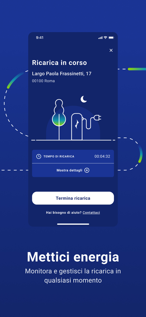 MyNextMove – ricarica auto - Screenshot dell'app MyNextMove che mostra una sessione di ricarica per veicoli elettrici in corso in tempo reale con tempo trascorso