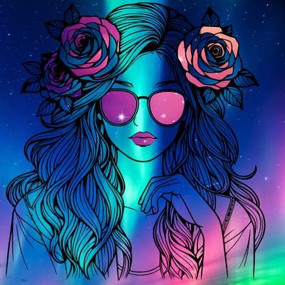 realistic girl with roses in hair and sunglasses