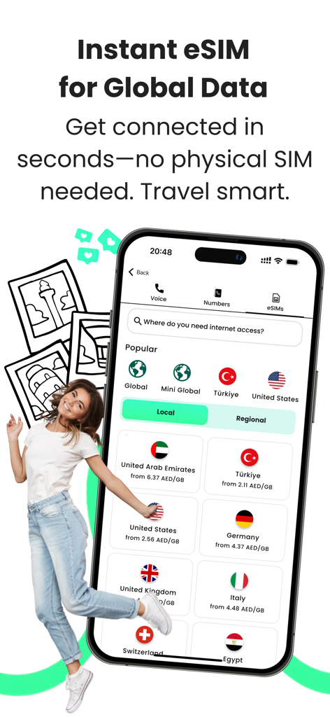 VirtualSIM by BNESIM - VirtualSIM by BNESIM app displaying international eSIM data plans for various countries on a smartphone