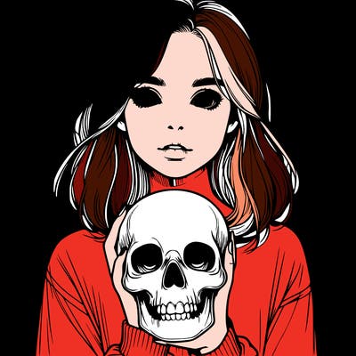 realistic girl holding a skull