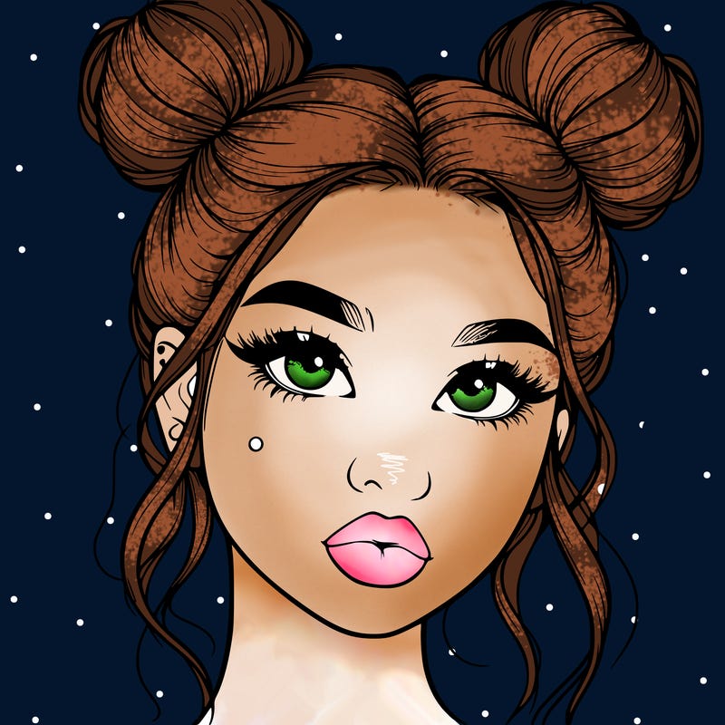 realistic girl with two buns on her hair and lips
