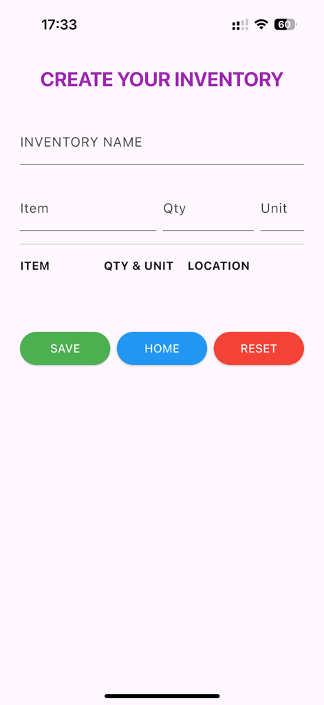 KITCHEN INVENTORY - Mobile application screen showing the Create Your Inventory form with fields for inventory name item quantity and unit