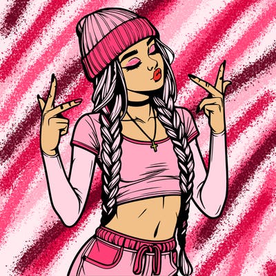 realistic teenage girl with braids and a beanie and crop top doing 🫶🏼