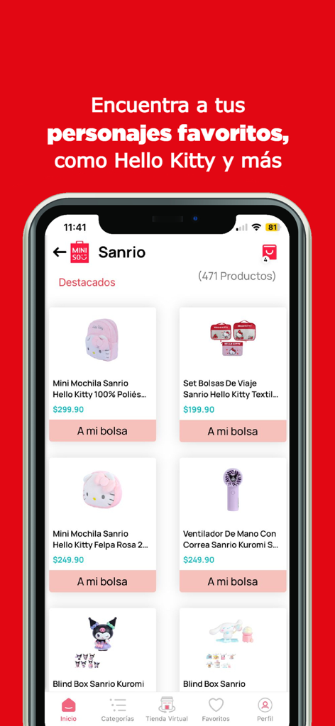 Miniso México - Catalogo prodotti dell'app mobile Miniso con personaggi Sanrio come Hello Kitty
