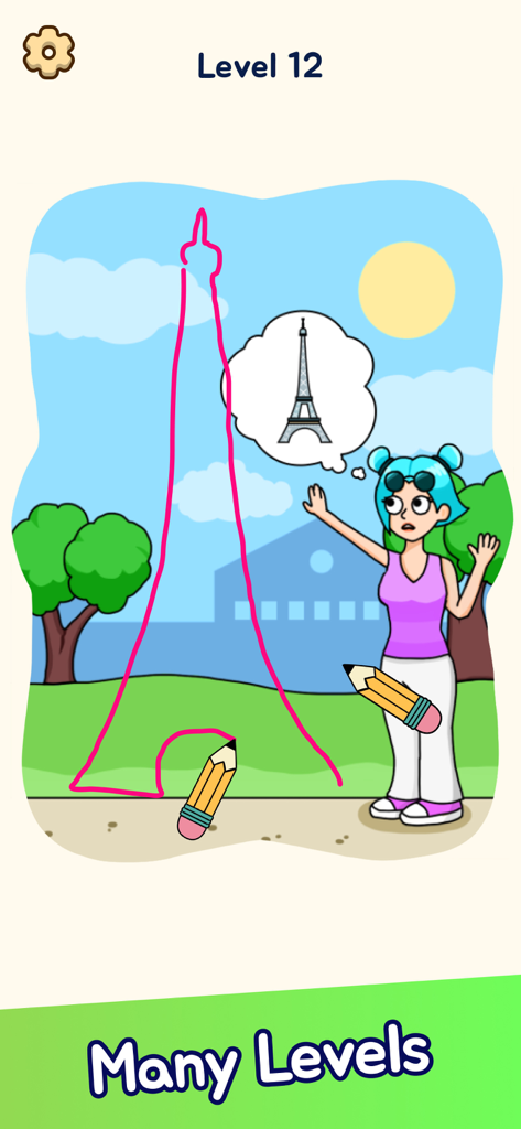 Draw Puzzle: Funny Brain Games - Level 12 gameplay of Draw Puzzle showing a girl thinking of the Eiffel Tower and a pink outline of the tower being drawn