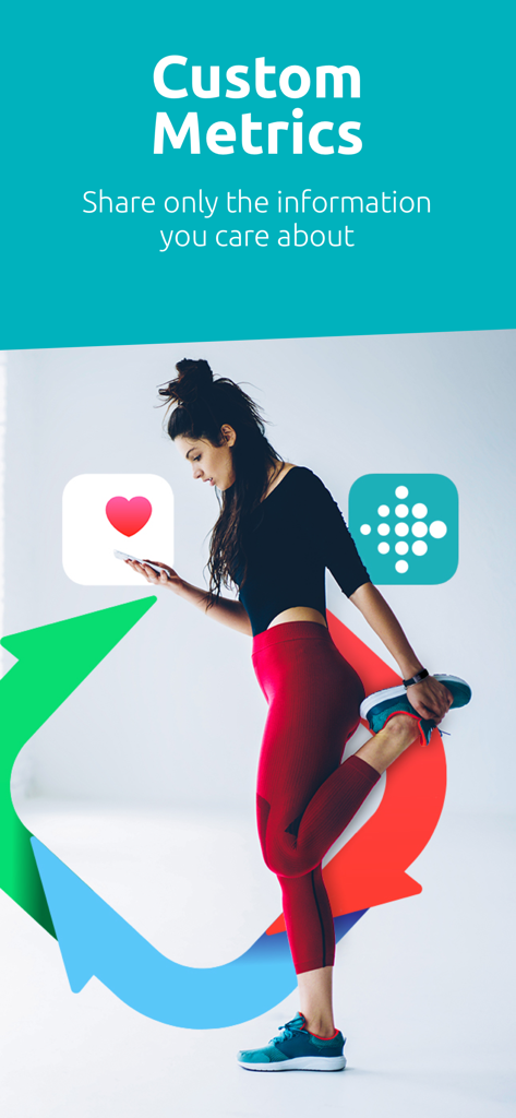 FITIV Sync for Fitbit Activity - Uma mulher a alongar enquanto verifica os seus dados de saúde no telemóvel com os logótipos do Fitbit e do Apple Health.