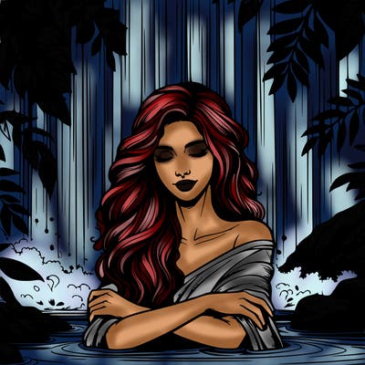 realistic female model under waterfall