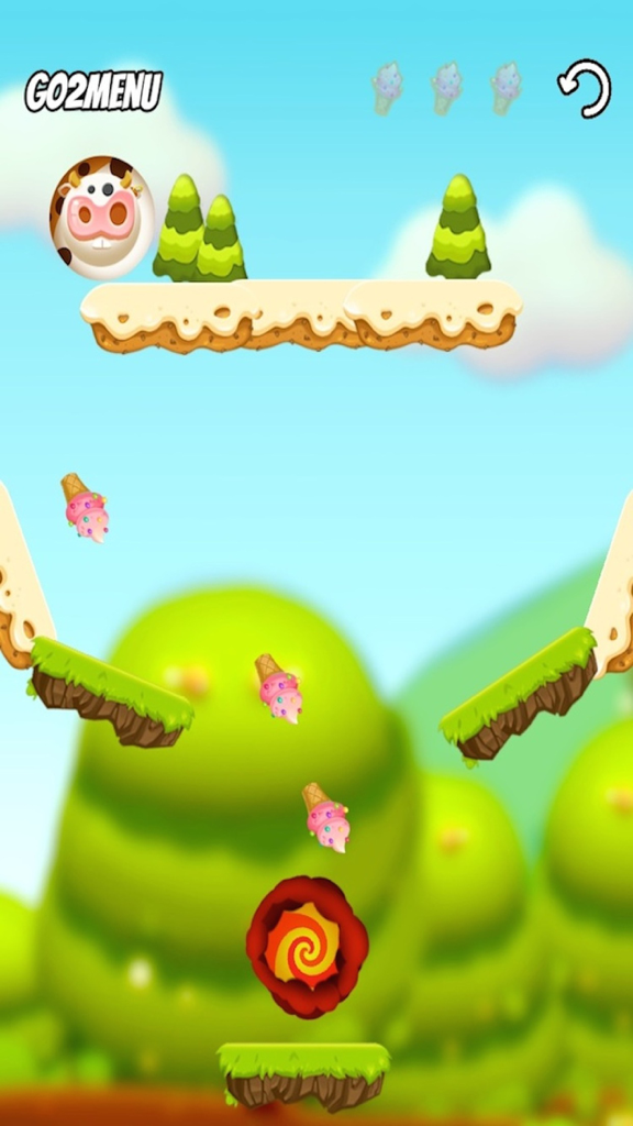 Super Crazy Cow FREE - A cute cow character collecting pink ice cream cones in a colorful cartoon platformer level