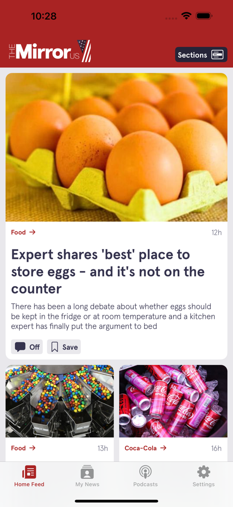 Mirror US - Mirror US mobile app interface showing lifestyle news headlines and food articles