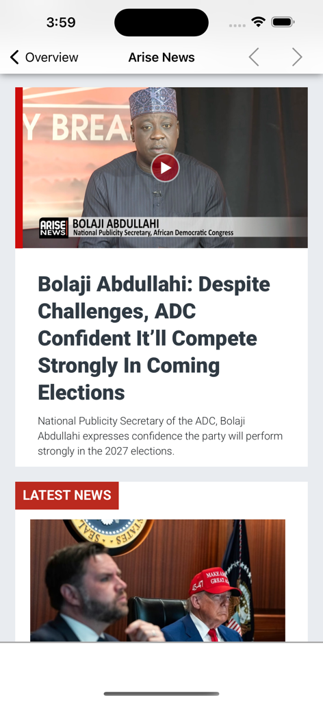 Captura de pantalla de la aplicación Nigeria News mostrando un artículo de Arise News sobre Bolaji Abdullahi y el partido ADC