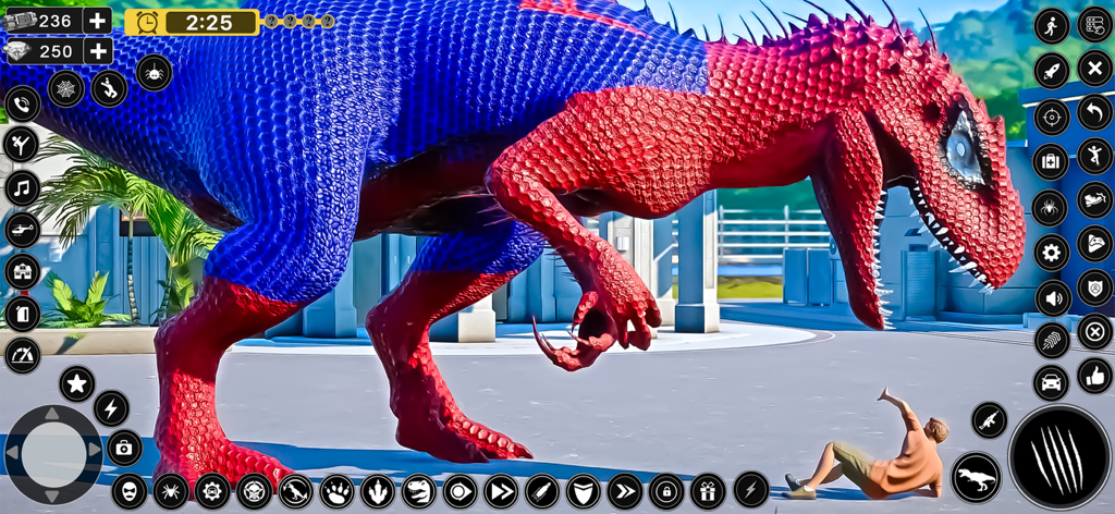 Dinosaur Monster City Rampage - Un dinosaurio gigante rojo y azul atacando una ciudad en el juego Dinosaur Monster City Rampage