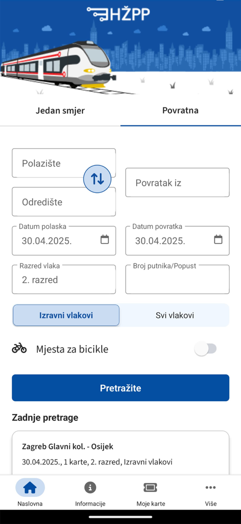 HZPP mobile app screen for searching train tickets in Croatia