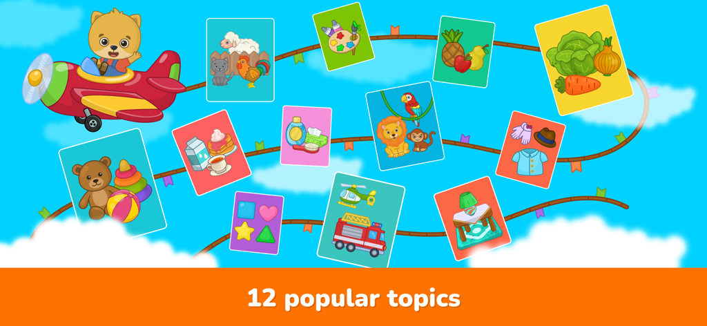 Toddler learning games for 2-4 - Bimi Boo character in a plane surrounded by educational flashcards covering 12 popular topics like animals shapes and transport
