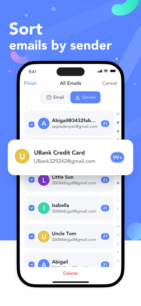 Pure Master:PhoneExpert - Pure Master app screen showing emails sorted by sender for easy organization and deletion