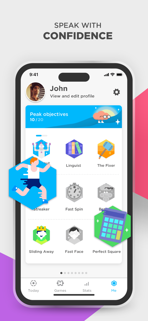 User profile dashboard in the Peak app displaying brain training achievements and progress objectives.