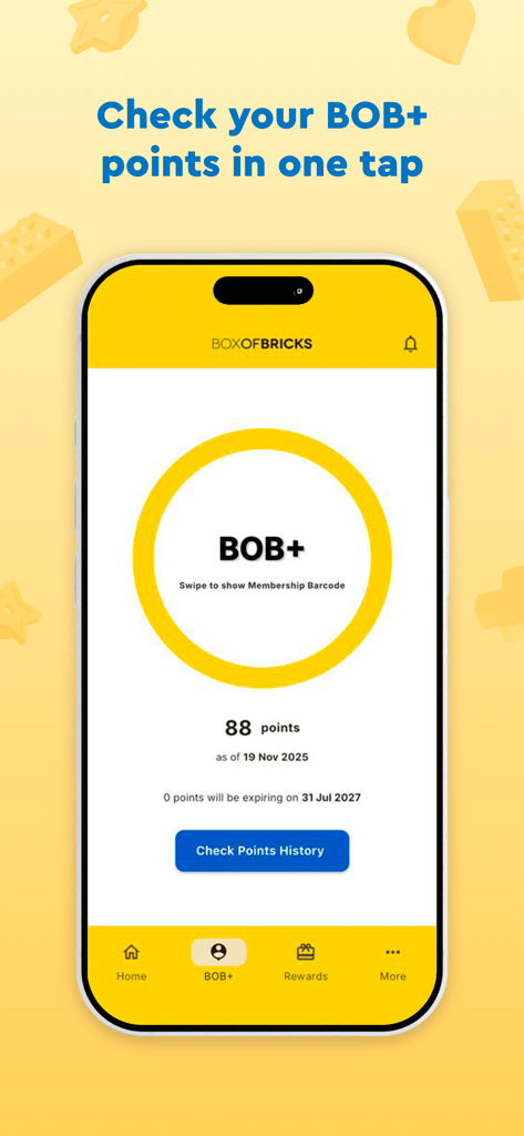 BoxOfBricks mobile app interface showing the BOB plus loyalty points balance and rewards history.