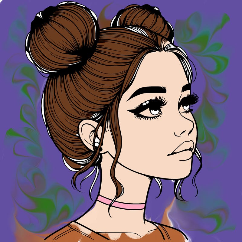 realistic girl with buns on the top of her head