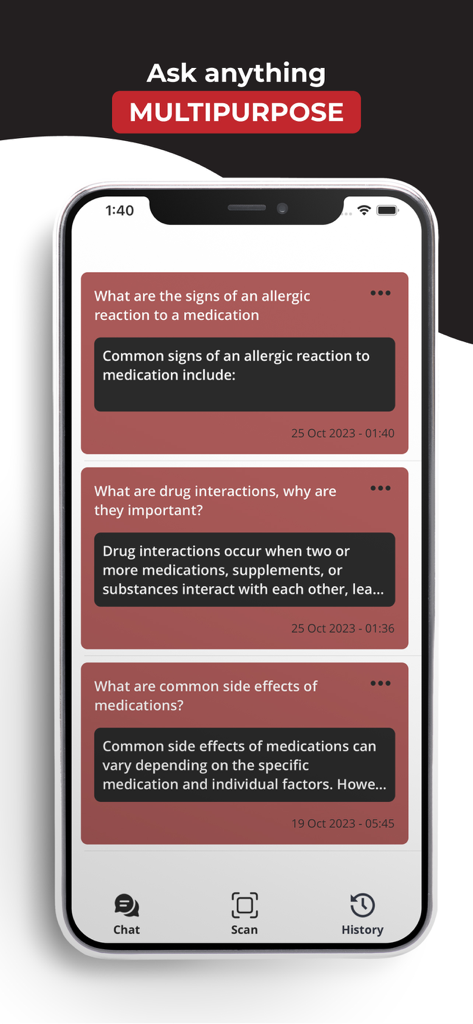 Pharma AI - ChatBot - Pharma AI mobile app interface showing a list of past medical chat queries and answers regarding medication side effects and drug interactions.