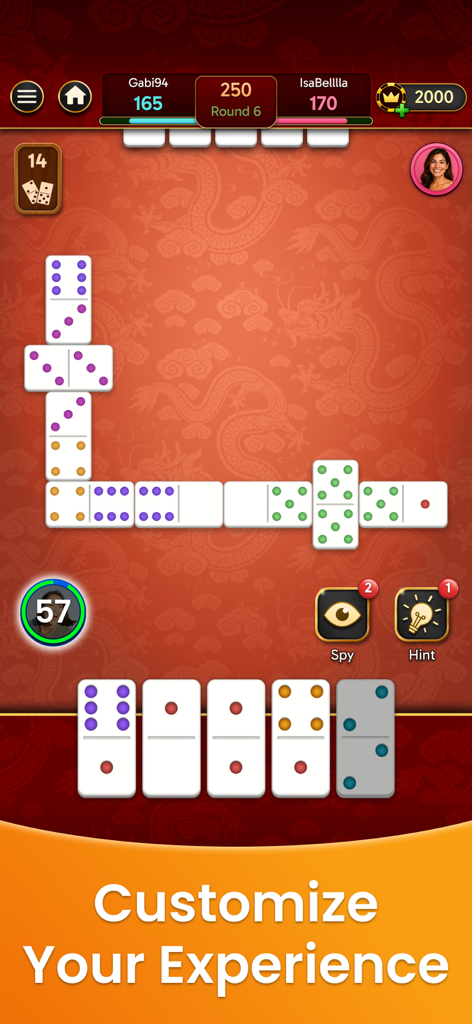 Tela de jogo de Domino Legends com peças clássicas em um tabuleiro estampado vermelho com texto de personalização.