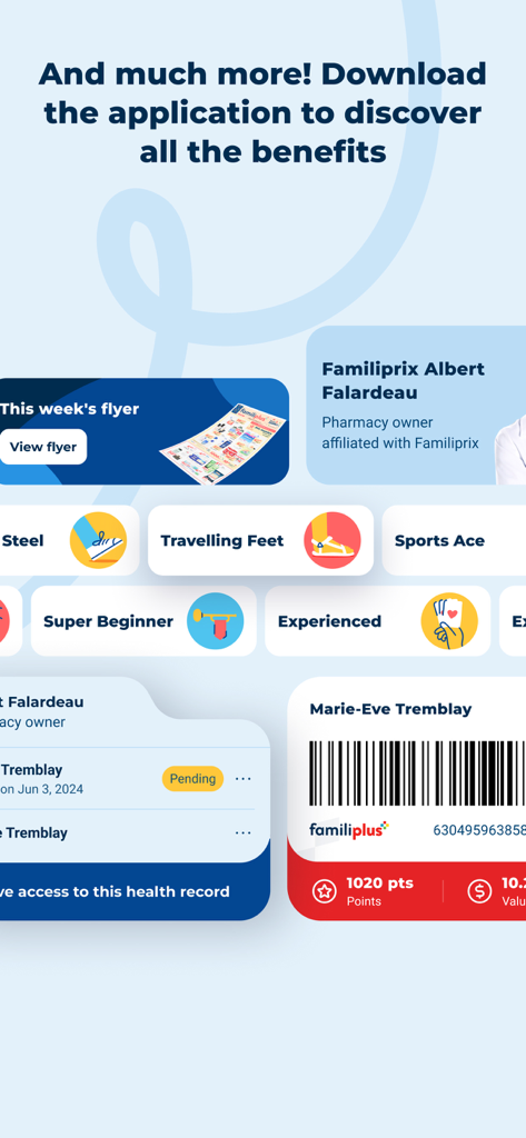 Familiprix - A summary of Familiprix app features showing the digital loyalty card weekly flyer and health achievement badges