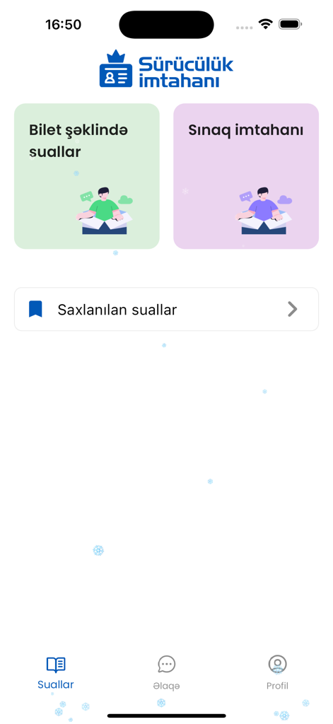 Sürücülük İmtahanı Online - Home screen of Sürücülük İmtahanı Online app featuring driving exam practice modules