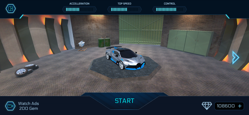 Bugatti Parking - Una Bugatti Divo argento e blu esposta in un menu virtuale del garage che mostra le statistiche dell'auto e un pulsante di avvio.