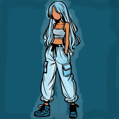 girl in baggy pants crop top and long hair