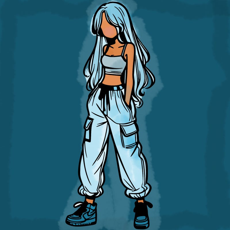 girl in baggy pants crop top and long hair