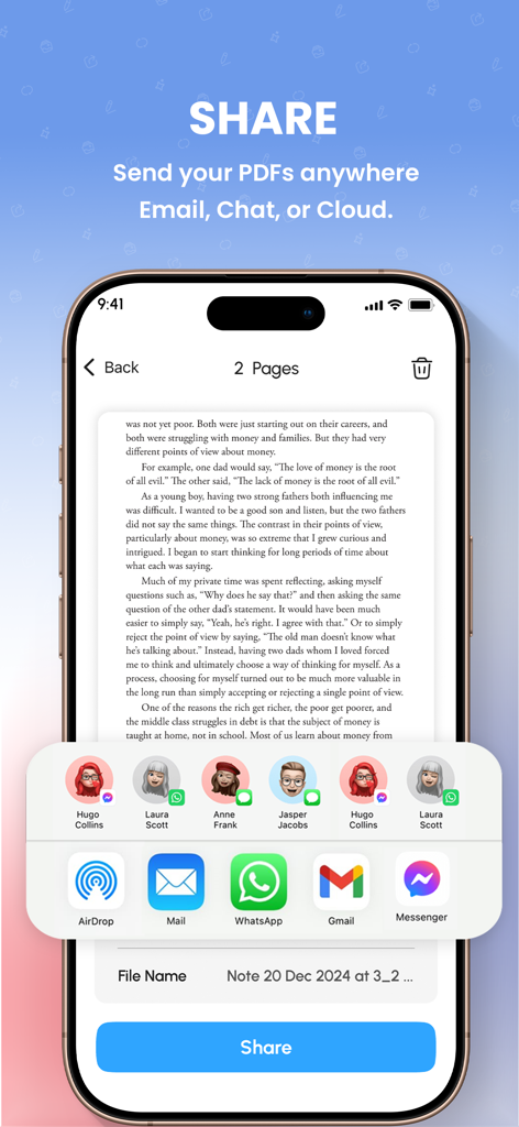 PDF Converter: Photo to PDFs - A smartphone screen showing the sharing menu for a PDF document with options for email and chat.