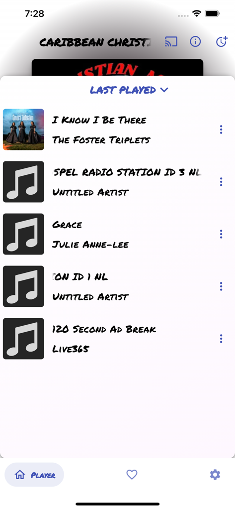 Caribbean Christian Music - The Last Played screen of the Caribbean Christian Music app displaying a list of recent songs and artists.