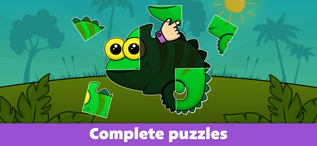 A child completing a jigsaw puzzle of a green cartoon chameleon in a jungle setting.