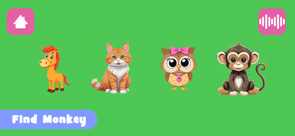 Autism Learning Games For Kids - Educational game screen for kids showing animal illustrations and the text Find Monkey