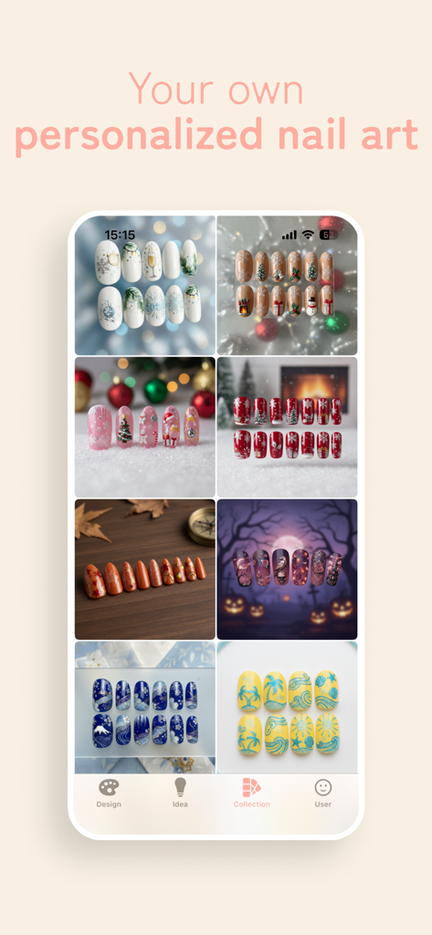 AI Nail Design - Hue - Une galerie de divers designs d'art d'ongles générés par IA présentant des thèmes saisonniers comme Noël, Halloween et l'été dans la collection de l'application Hue