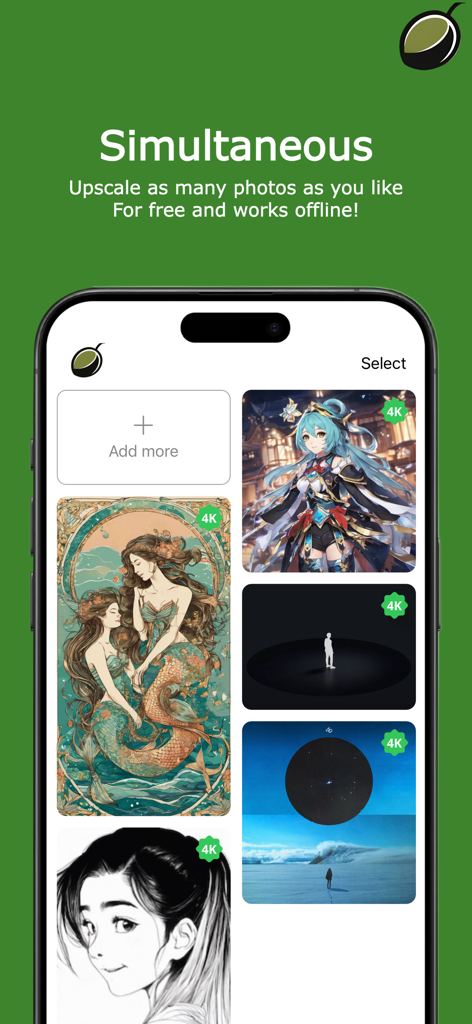 OLVE: AI Photo & Anime Upscale - Smartphone screen showing OLVE app batch processing multiple images into 4K resolution offline