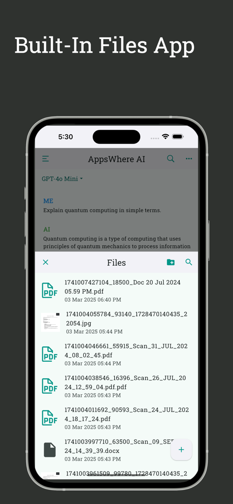 AI GPT Chat Bot - AppsWhere - Bildschirm, der das integrierte Dateiverwaltungssystem in der AppsWhere AI App mit einer Liste gespeicherter Dokumente zeigt.