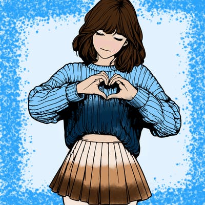 realistic girl in sweater and skirt making a heart with her hands