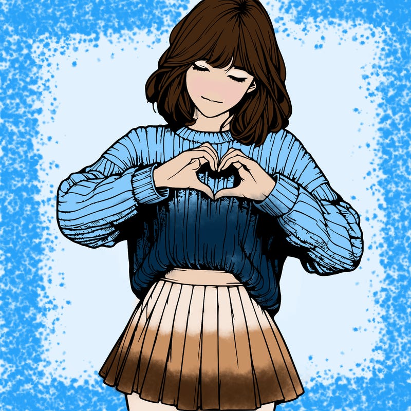 realistic girl in sweater and skirt making a heart with her hands